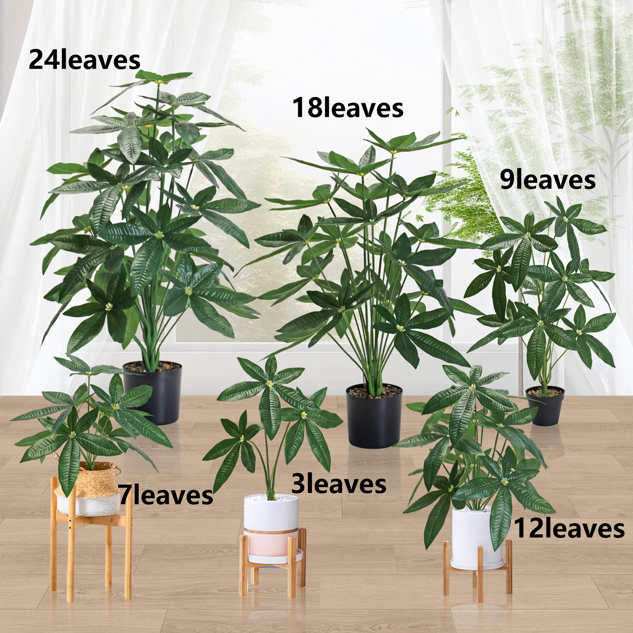 Artificial green plants such as the money tree for the entrance decoration, PVC plastic artificial plants for the living room floor decoration details Picture