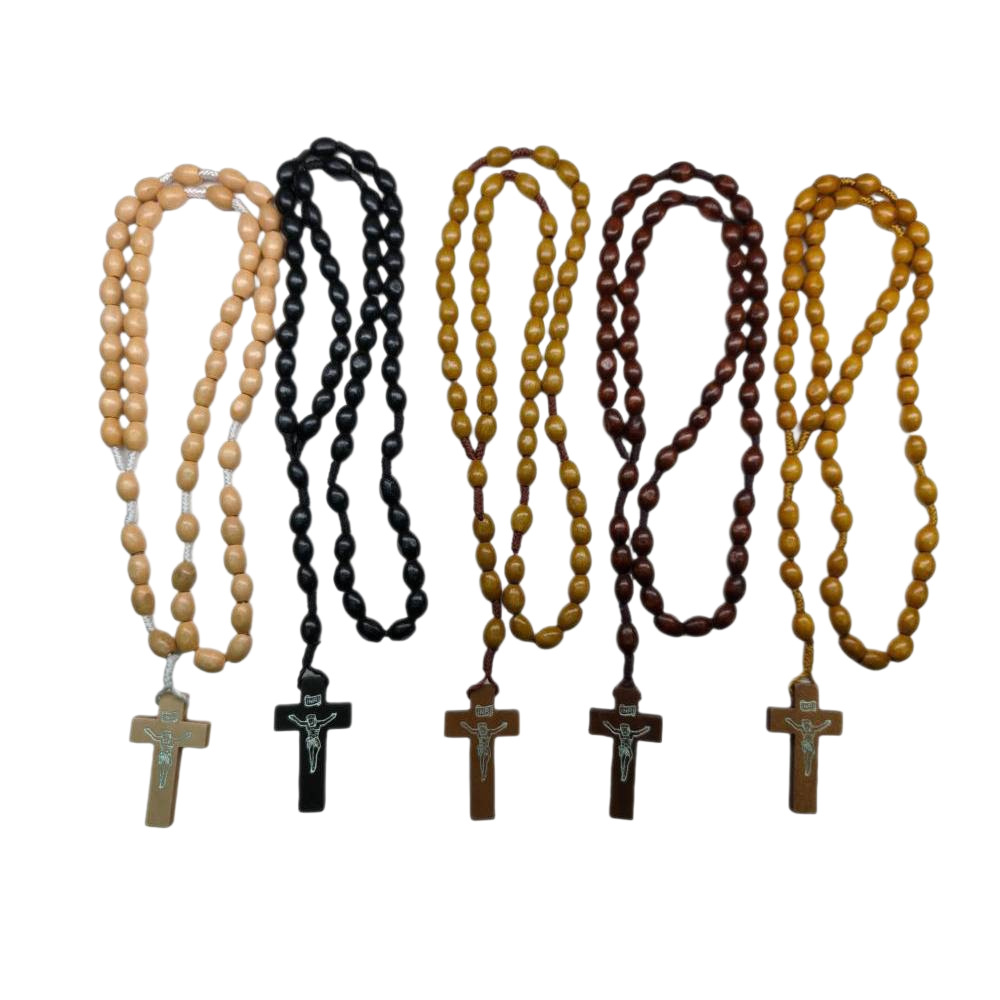 A set of 5 pieces of 8*10mm rice-shaped wooden prayer bead necklaces, hand-woven vintage rope accessories, cross-border supply Item Picture