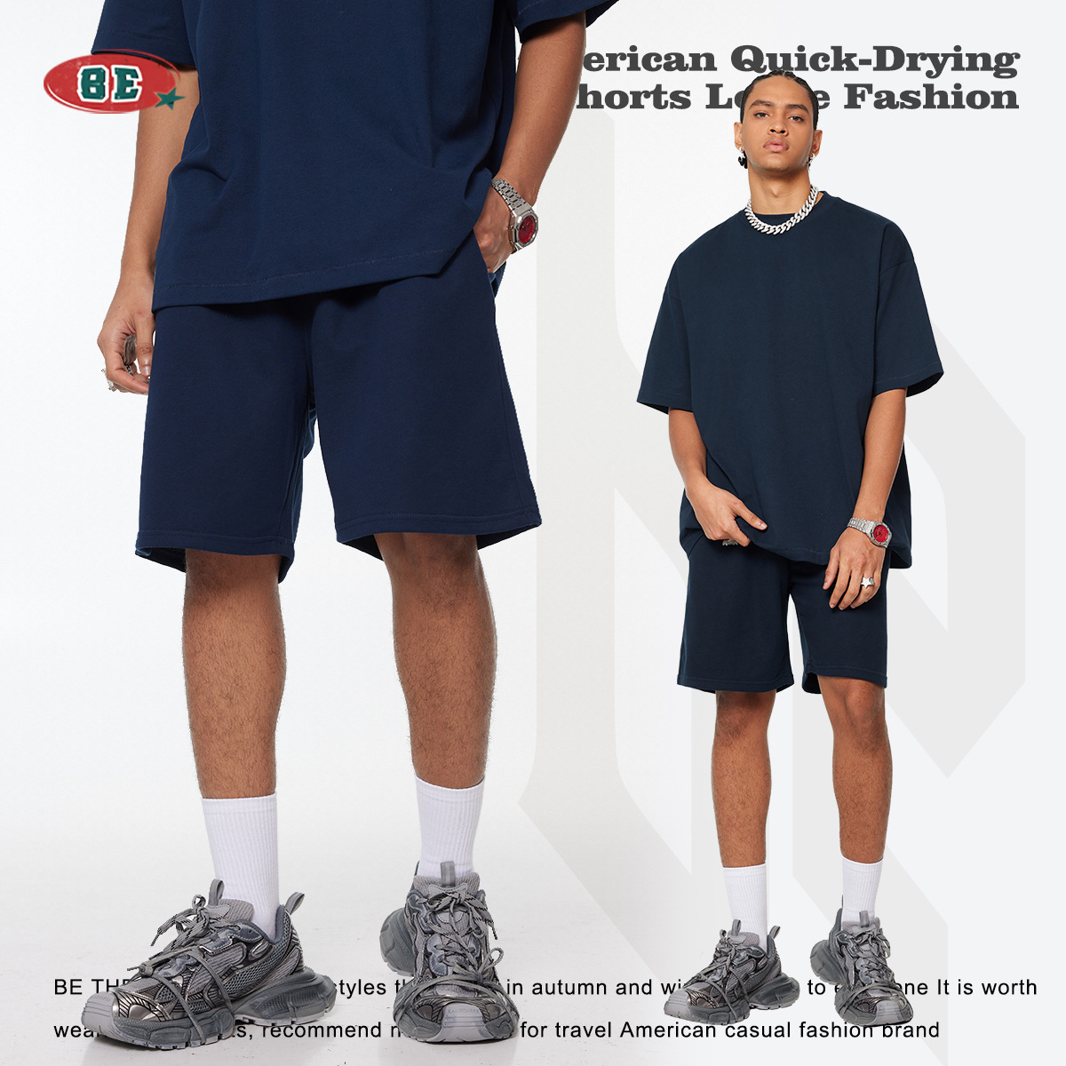 BE Men's Spring/Summer 2026 280G basic Shorts, a trendy brand for teenagers, loose capri shorts for summer men full figure