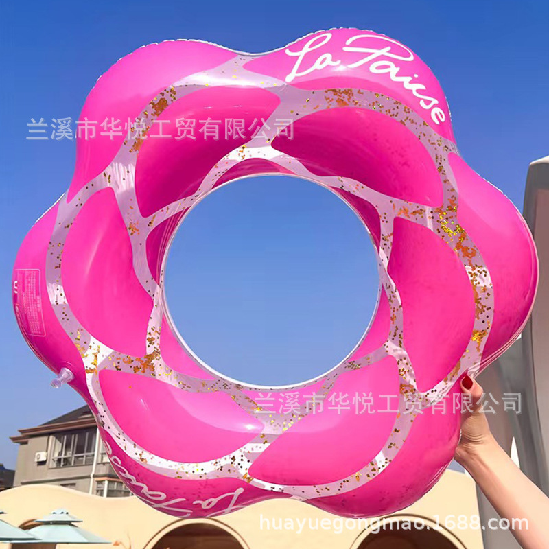 Wholesale of petal-shaped swimming rings, sequined inflatable thickened children's swimming rings, pink flower semi-transparent underarm rings details Picture