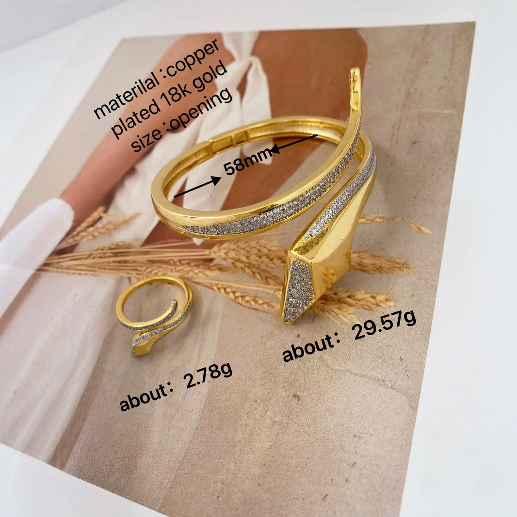 Best-selling fashionable and personalized snake-shaped ring bracelet, dual-color electroplated 18K gold ring with micro-inlaid zircon jewelry Specification drawing