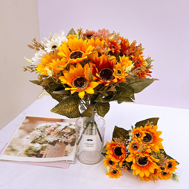 Autumn-colored artificial flowers, sunflowers, daisies, artificial flowers, wedding, home, hotel decoration, country-style artificial flower bouquets details Picture