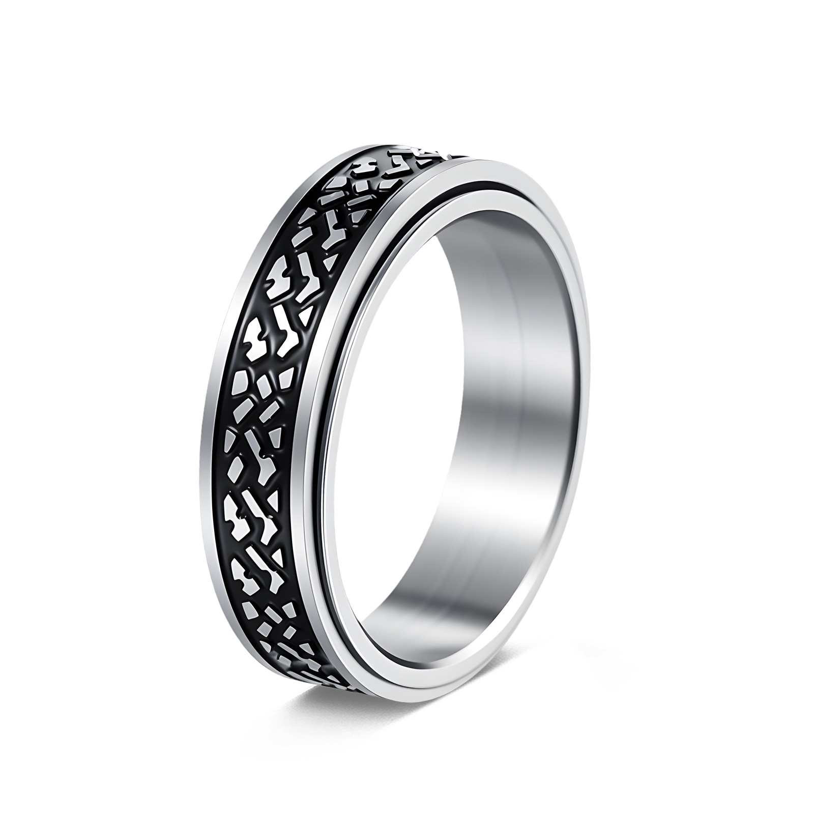Half-price clearance, rotating pressure-reducing 304 stainless steel men's ring, rotatable stone pattern ring Item Picture