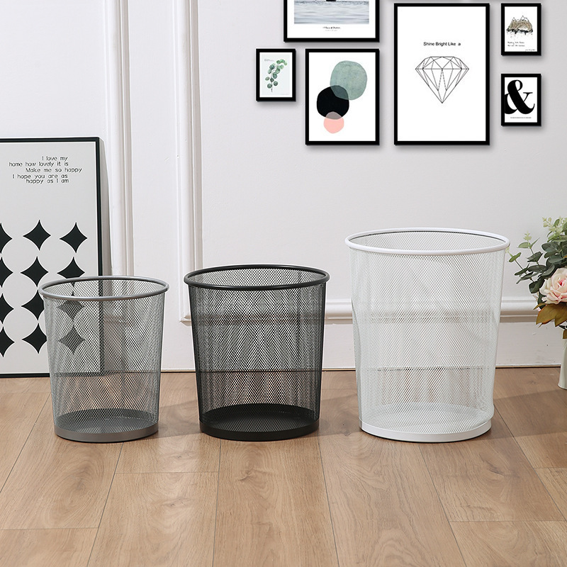 Metal hollowed-out household storage bucket, large capacity round garbage bin, ironwork kitchen storage bin trash can
