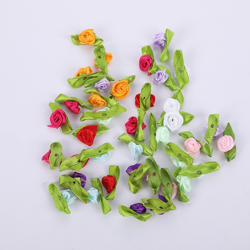 Colorful small rose craft accessories/Ribbon flowers with leaf roses/ribbon flowers 2.5x1.4cm DIY accessories Specification image