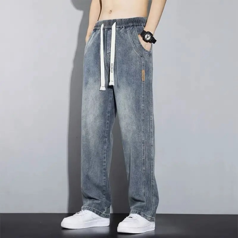 New loose straight-leg retro jeans for men in spring and autumn, wide-leg casual American workwear long pants for men