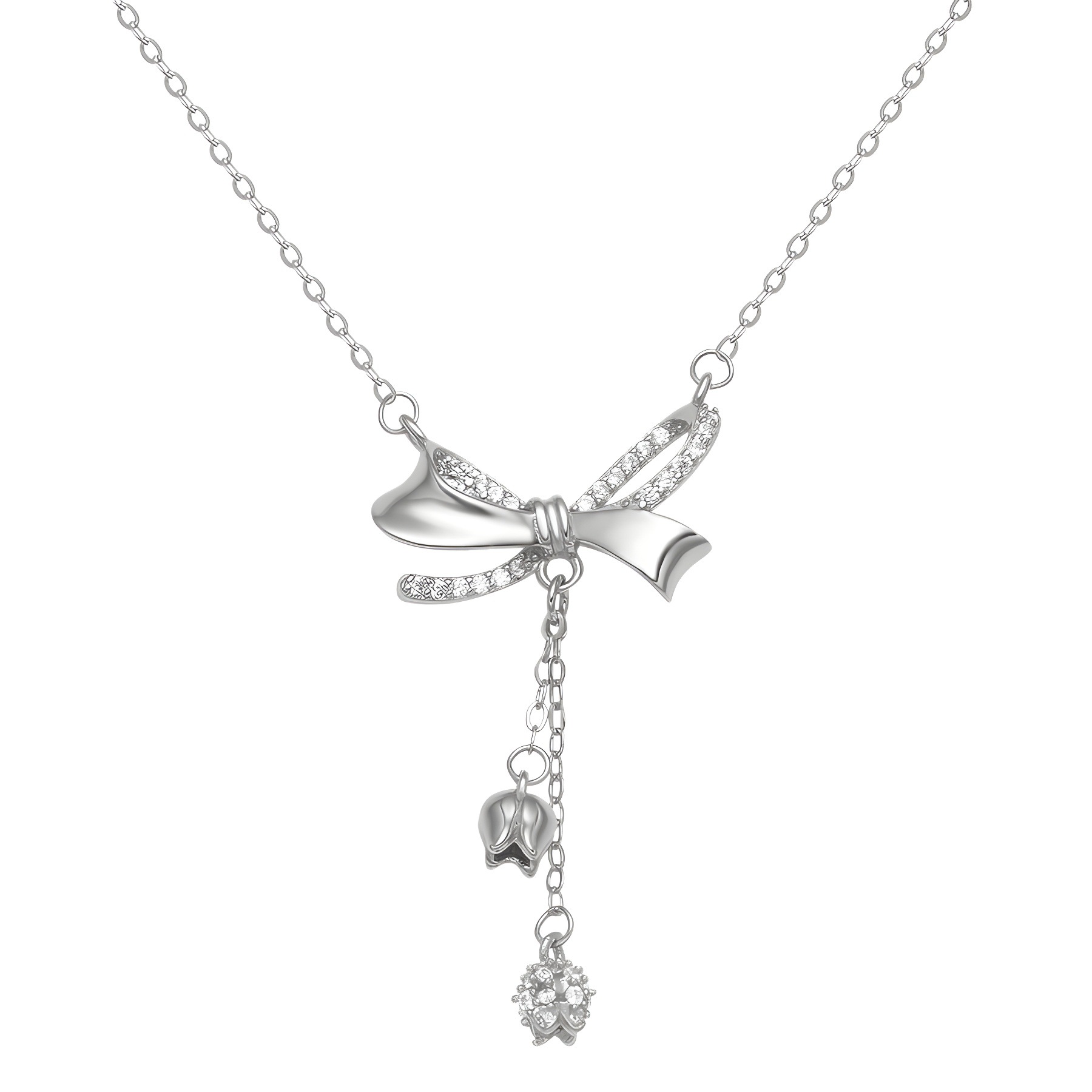 Zircon bow tassel necklace, a niche and light luxury design, is a popular collarbone chain with a stylish and versatile high-end accessory Item Picture