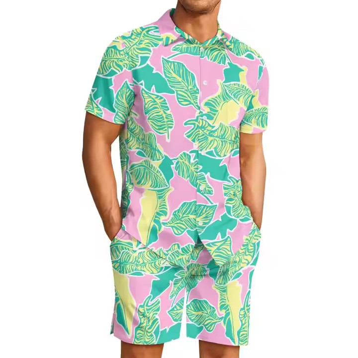 3D digital printed Hawaiian banana leaf printed men's Cuban collar shirt casual beach pants set