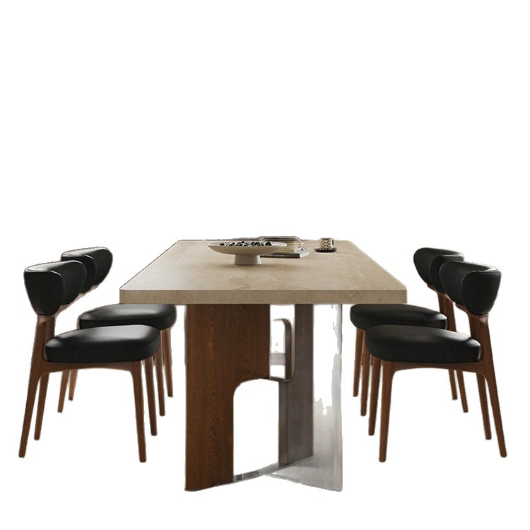 法式复古洞石岩板高级感餐桌椅实木家用别墅中古风下挂长方形餐桌白底实物图