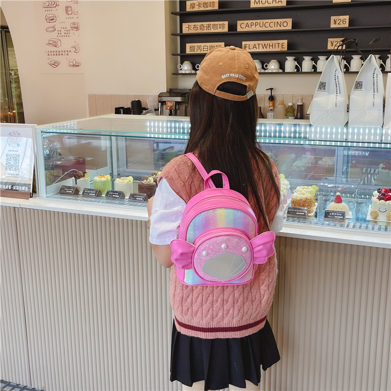 Rainbow gradient sequin backpack, pearl shell pattern, pink bow, outdoor hiking canvas schoolbag, lightweight and durable details Picture