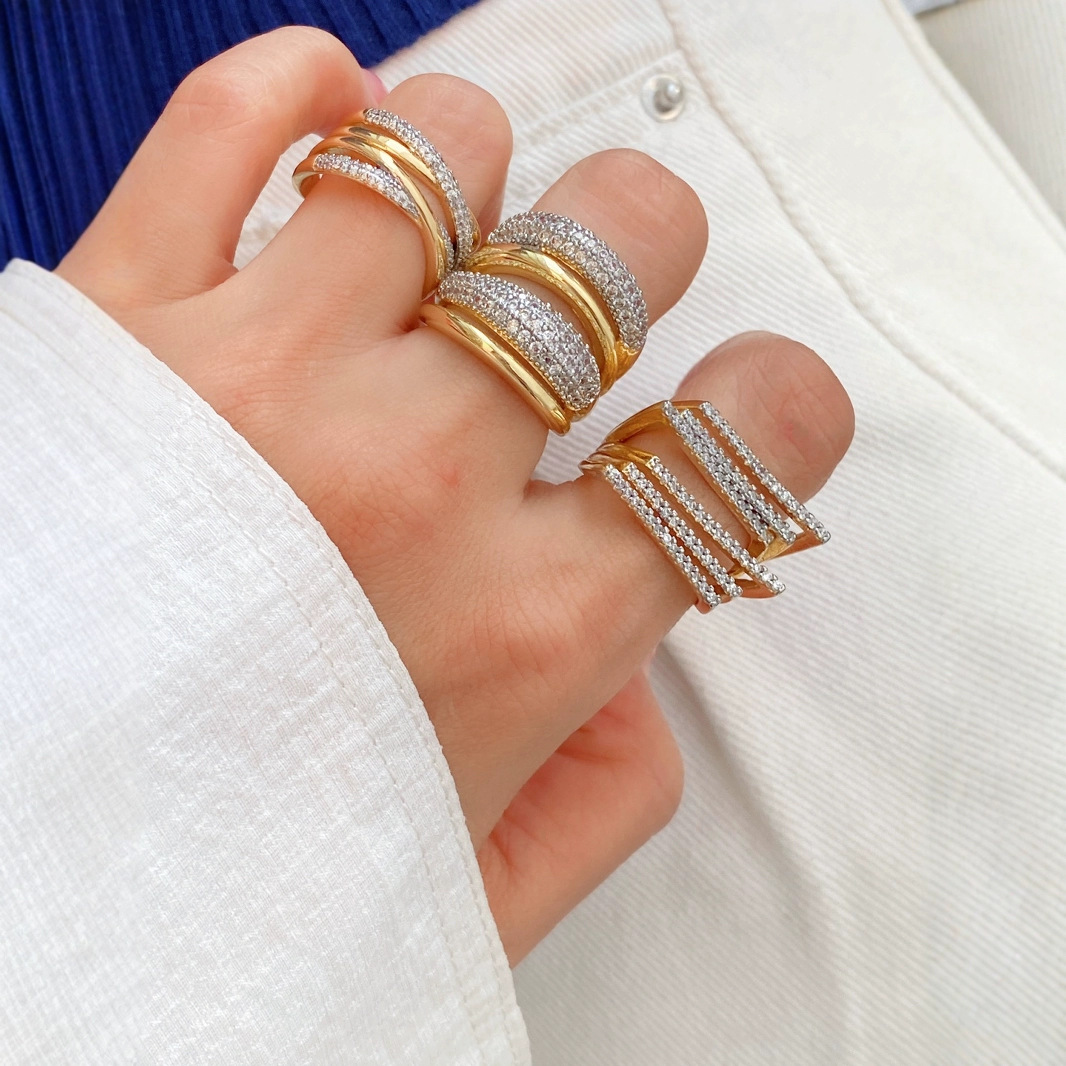 Cross-border exclusive copper plated with 18k gold and set with zircon rings, a variety of fashionable and retro open-mouth finger rings and loose-mouth rings full figure