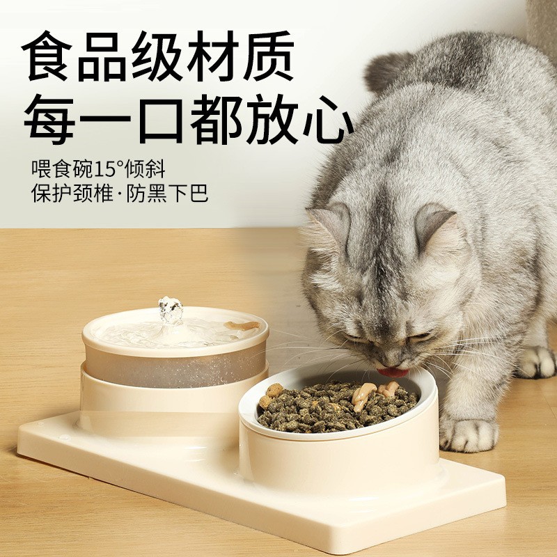Original and new pet double-bowl cat automatic water dispenser, slanted cat bowl, ceramic water and food integrated cat food bowl tableware