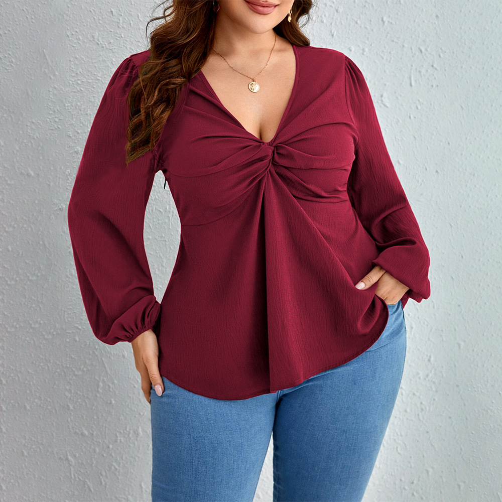 2024 International Station Cross-border plate-size women's wear V-neck T-shirt with a mature and ladylike style, fashionable and youthful wine red top for autumn and winter full figure