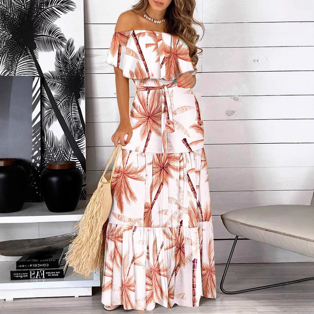 2026 Amazon wish Independent Store's best-selling summer ruffled off-the-shoulder short-sleeved lace-up long dress for women details Picture