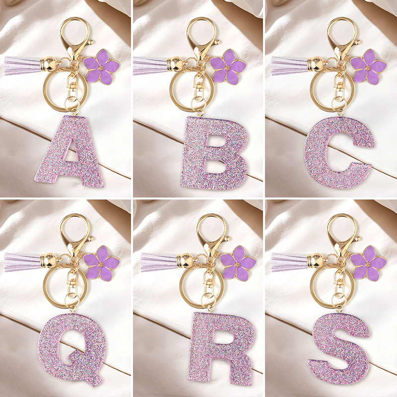 紫色闪粉字母钥匙扣A卡通挂件带灯金属公仔