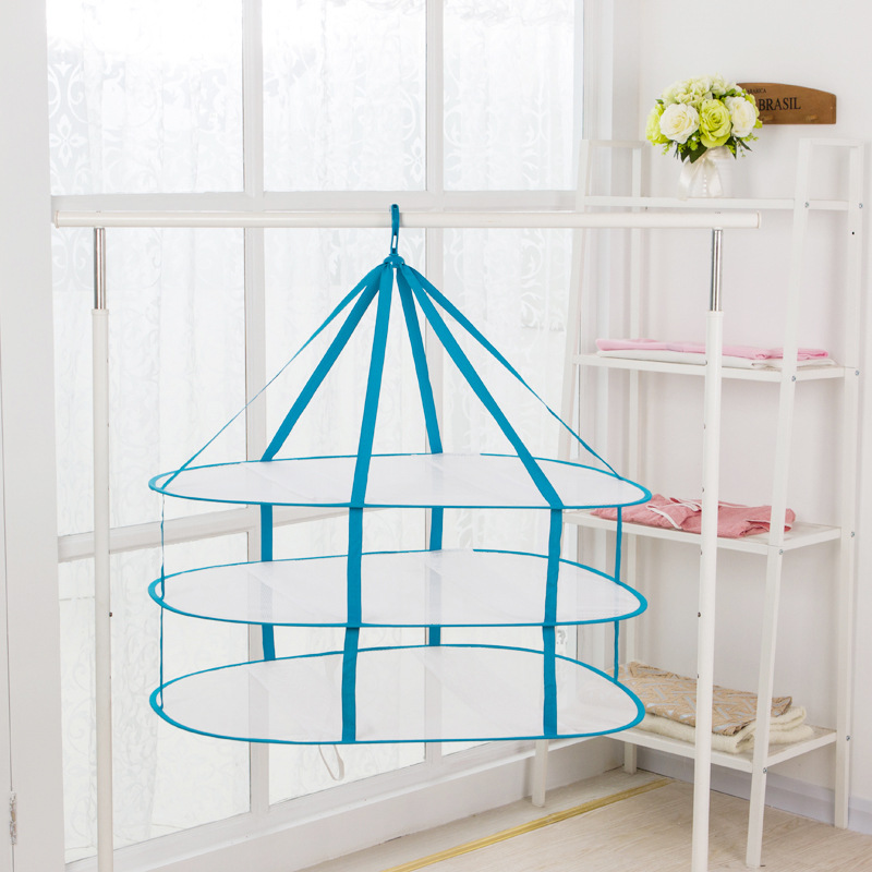 2022家居收纳晒衣篮批发创意设计三层可折叠晾衣篮多功能晾衣网