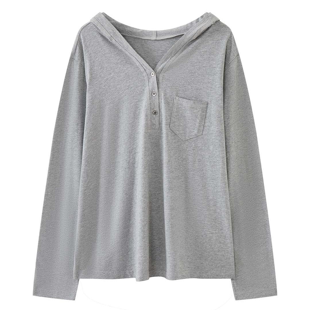 Spring and Summer new hooded Henry collar small pocket T-shirt, loose long-sleeved, laid-back top for women Item Picture