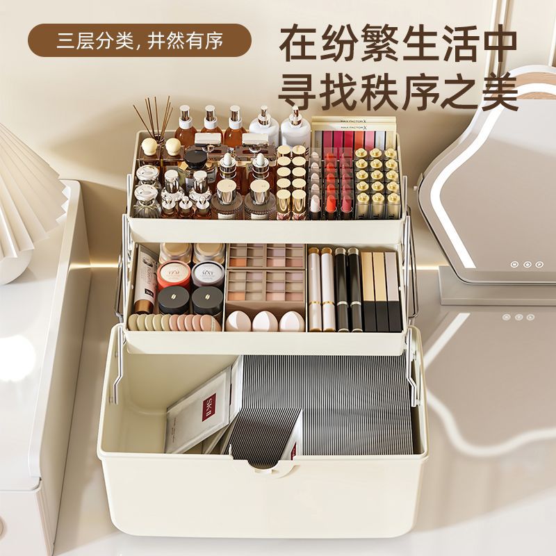 Cosmetics storage box, cross-border folding three-layer transparent visible large-capacity desktop magic tool, compartments and organization box details Picture