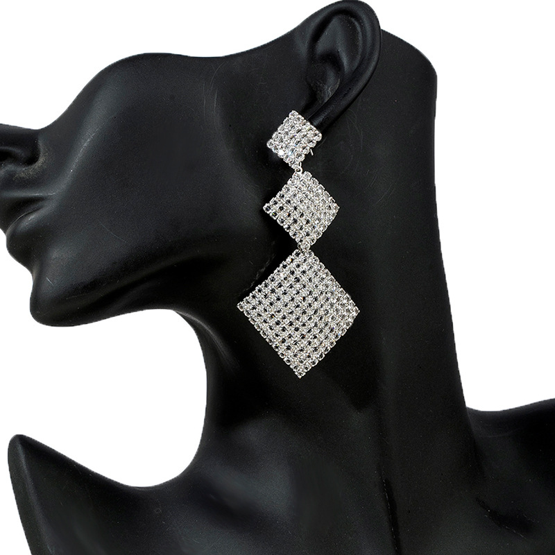 Amazon's best-selling square earrings with a full diamond design sense, cross-border high-end geometric pendant water diamond earrings wholesale full figure