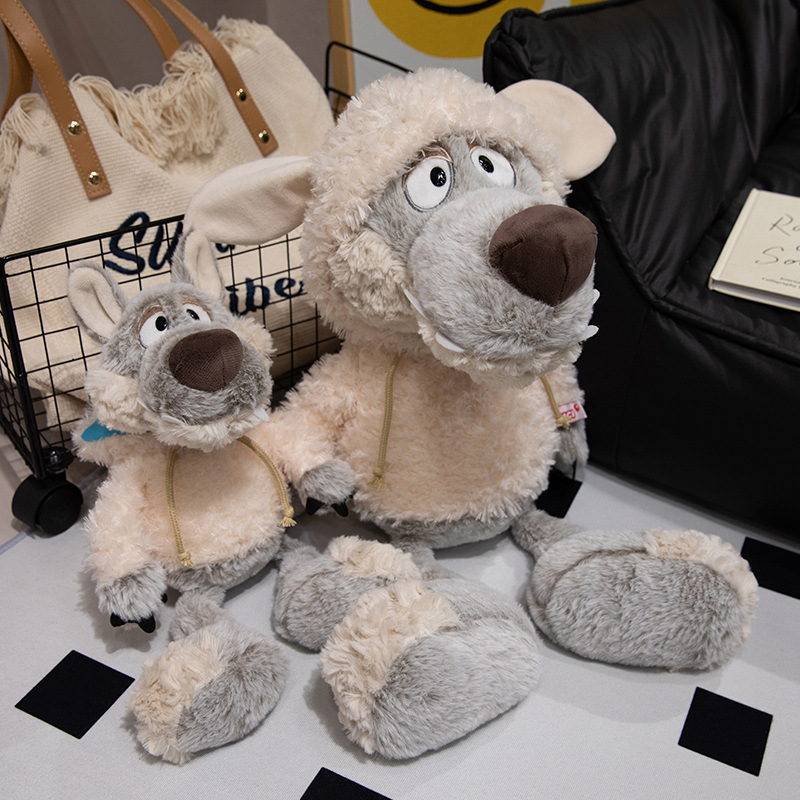 NC Little Wolf cub doll wearing a hat and dressed in sheepskin, cute gray Wolf plush doll, children's birthday gift