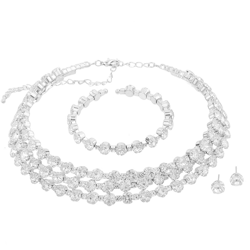 Three-piece set of cross-border European and American bride accessories: water diamond stud bracelet, three-row collar, wedding full diamond jewelry set Item Picture