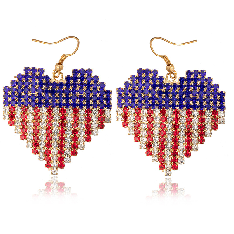 European and American cross-border heart-shaped earrings, American flag color water diamond double-layer heart-shaped earrings, women's claw chain jewelry pendant, long and simple full-diamond earrings