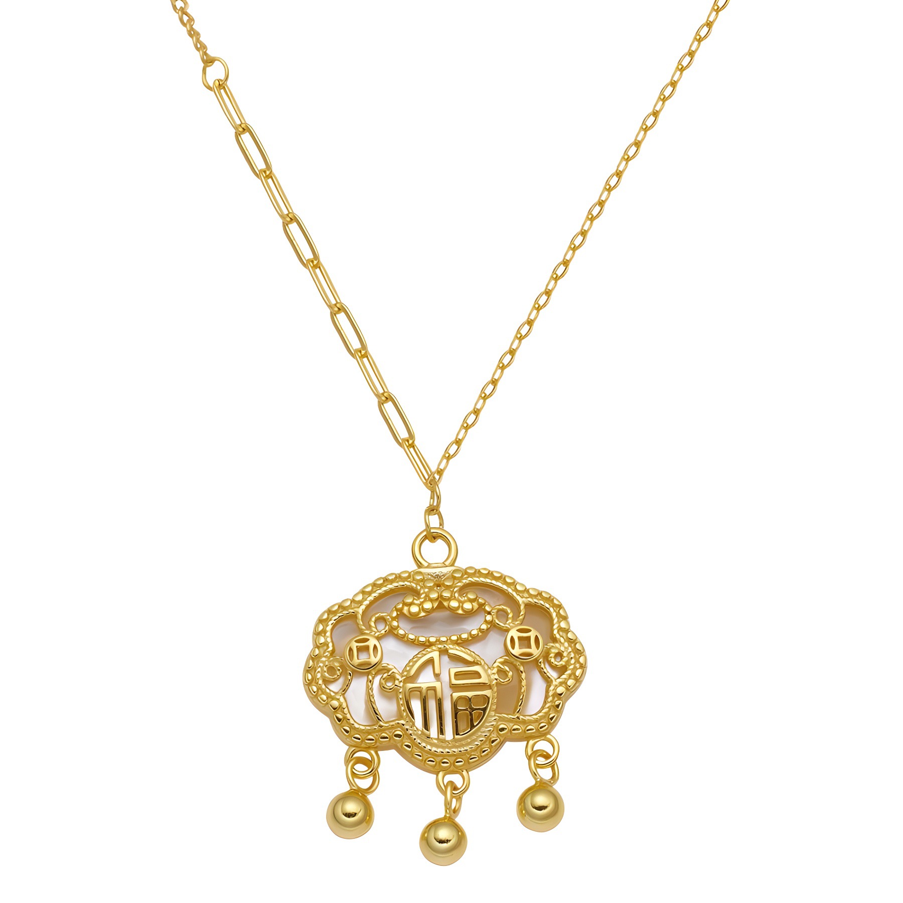 Good Fortune and Peace Lock necklace for women, no fading, court white shell longevity lock, collarbone chain for women, S925 sterling silver Item Picture