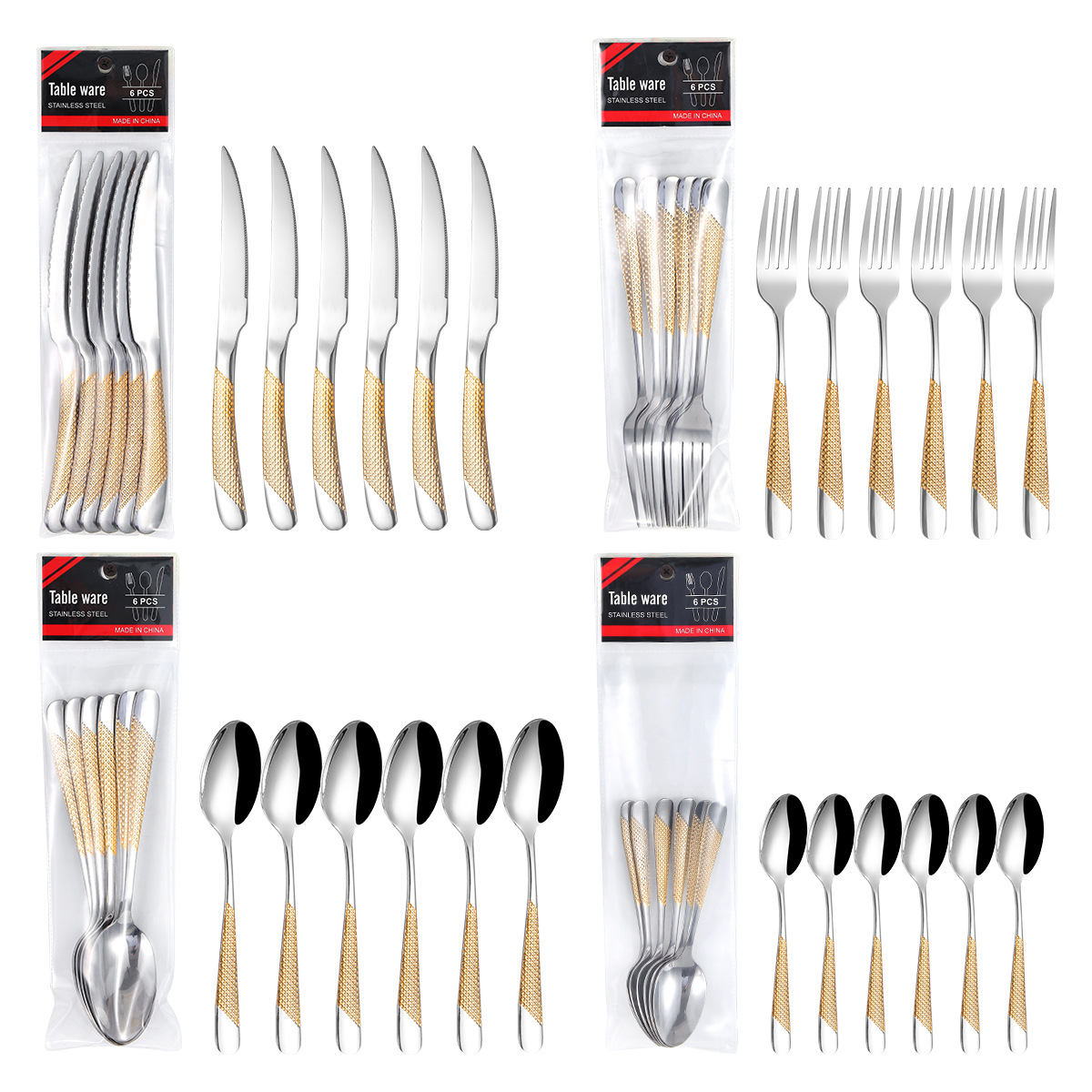 Middle East cross-border stainless steel tableware set, embossed gold-plated knife, fork and spoon, pvc bag, 6-piece steak knife, fork and spoon details Picture