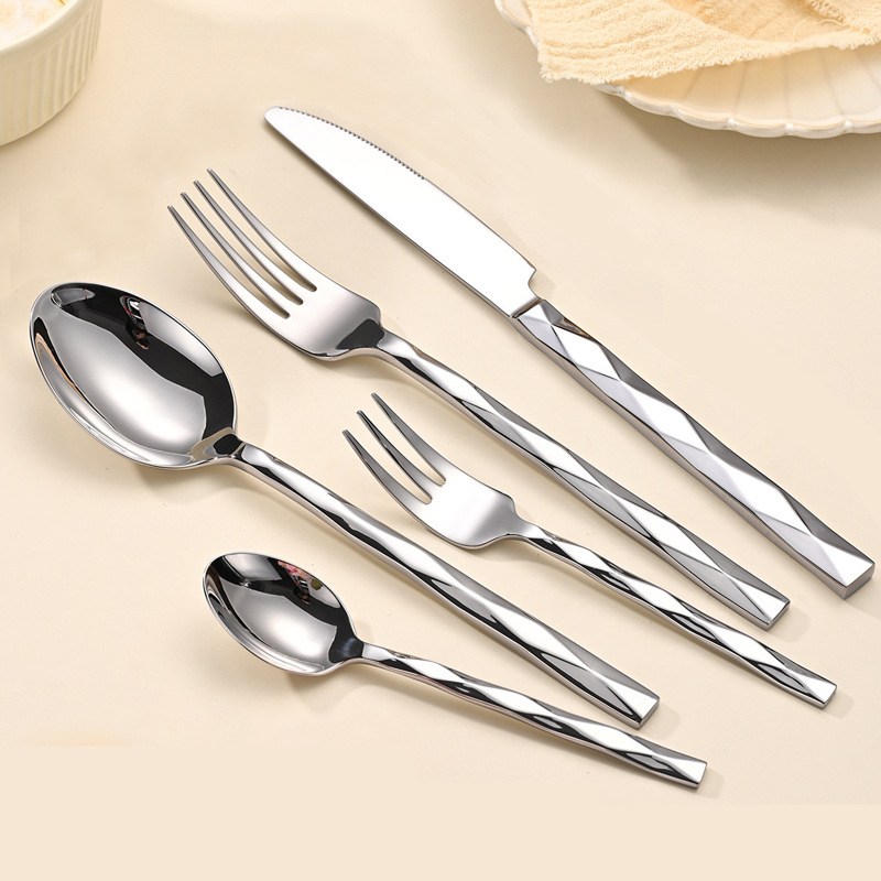 Cross-border diamond-shaped knife, fork and spoon set, stainless steel Western tableware 5 main items, hotel Western steak knife, dessert spoon and fork
