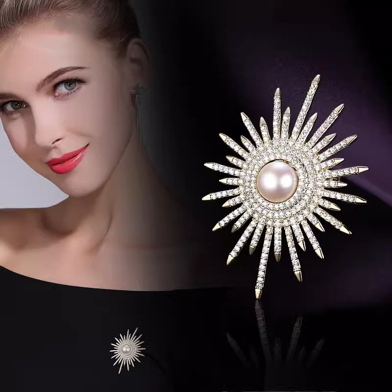 New fashionable, elegant and high-end women's light luxury full diamond brooch, graceful pearl brooch, suit accessory sunflower brooch