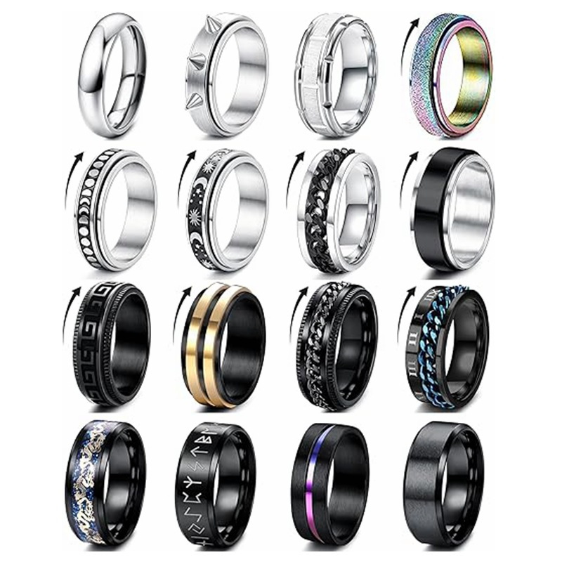 亚马逊钛钢男女时尚16件套装戒指解压缓解焦虑不锈钢套装饰品