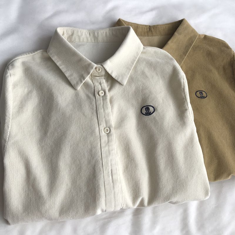 韩版小刺绣灯芯绒正肩长袖衬衫女翻领百搭叠穿衬衣秋冬小个子上衣