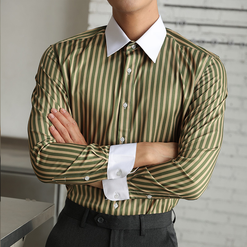 Autumn casual color-blocking and contrasting striped long-sleeved shirts for men, British business slim-fit shirts, cross-border Amazon Specification image