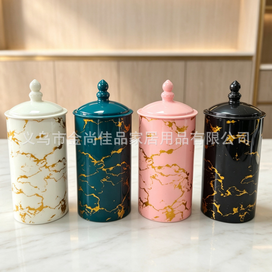 Marble gold-patterned Storage jar, tall and short LIDS, sealed storage box for kitchen grains details Picture