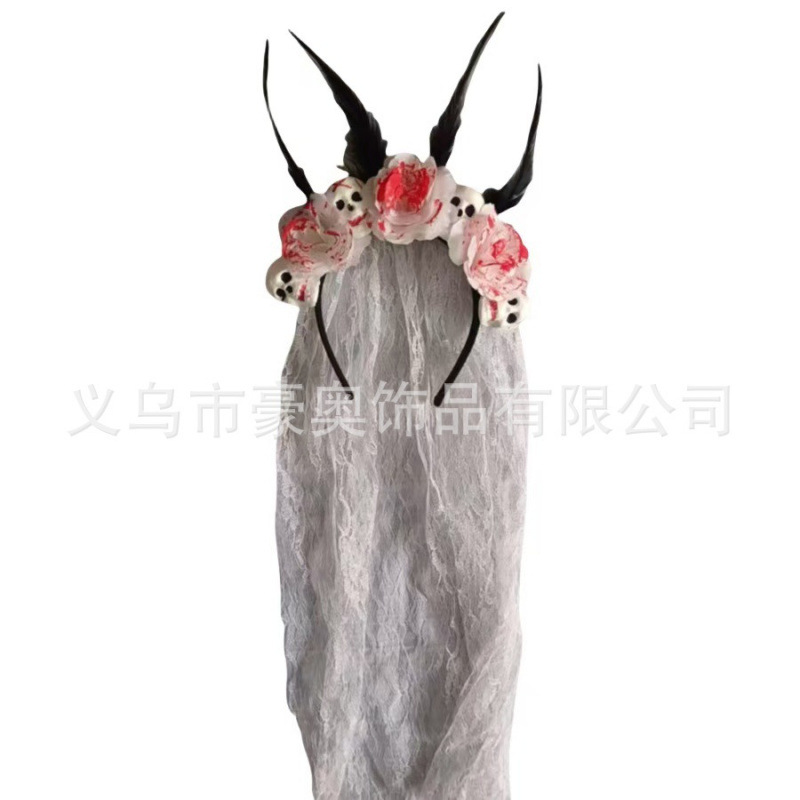 新款万圣节男女款万圣节网纱骷髅头发箍 亡灵节仿真花黑蜘蛛头箍产品图