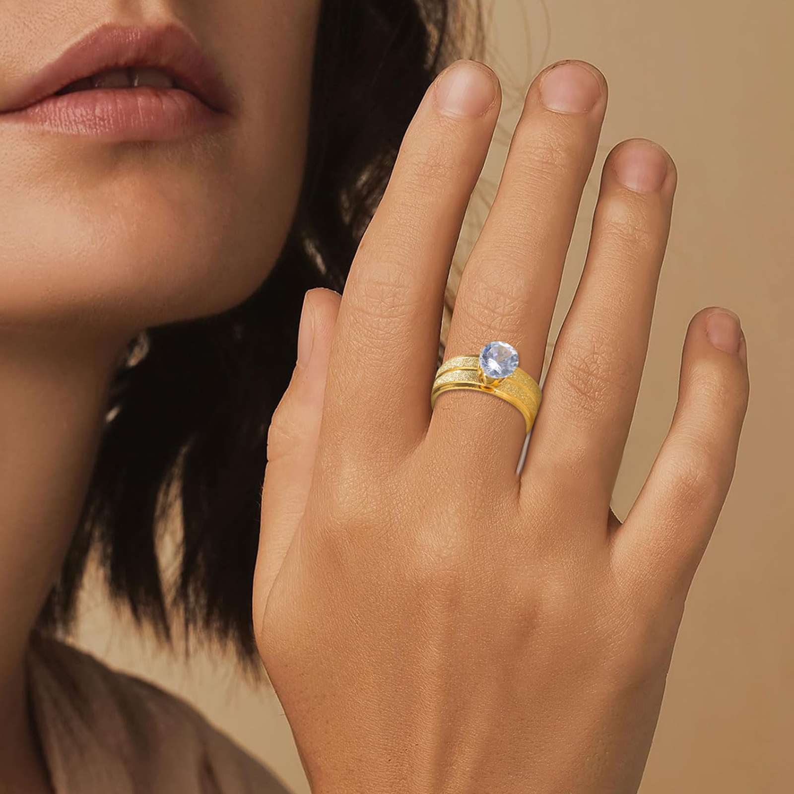 Cross-border European and American stainless steel jewelry, six-prong zircon women's ring, stainless steel electroplated with gold matte finish, 8MM wide Application Scenario