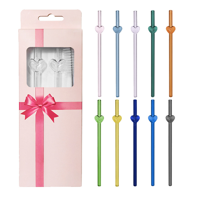 Glass straw set, high borosilicate heart-shaped pink blow-molded straw combination, Valentine's Day gift in stock wholesale Application Scenario
