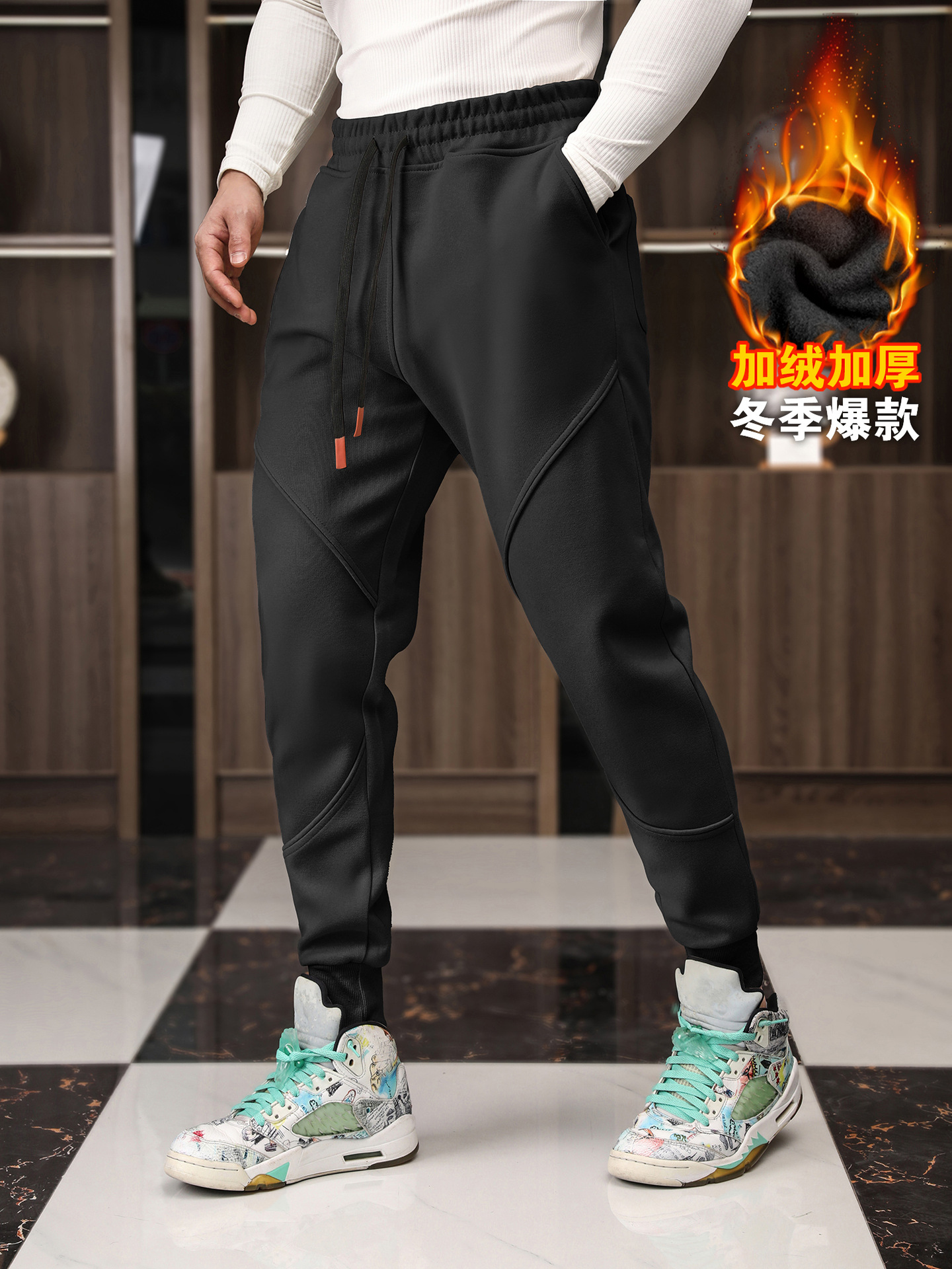 Winter casual sports sweatpants, men's loose tight-fitting long pants, fleece and thickened outdoor running warm new style long pants Item Picture