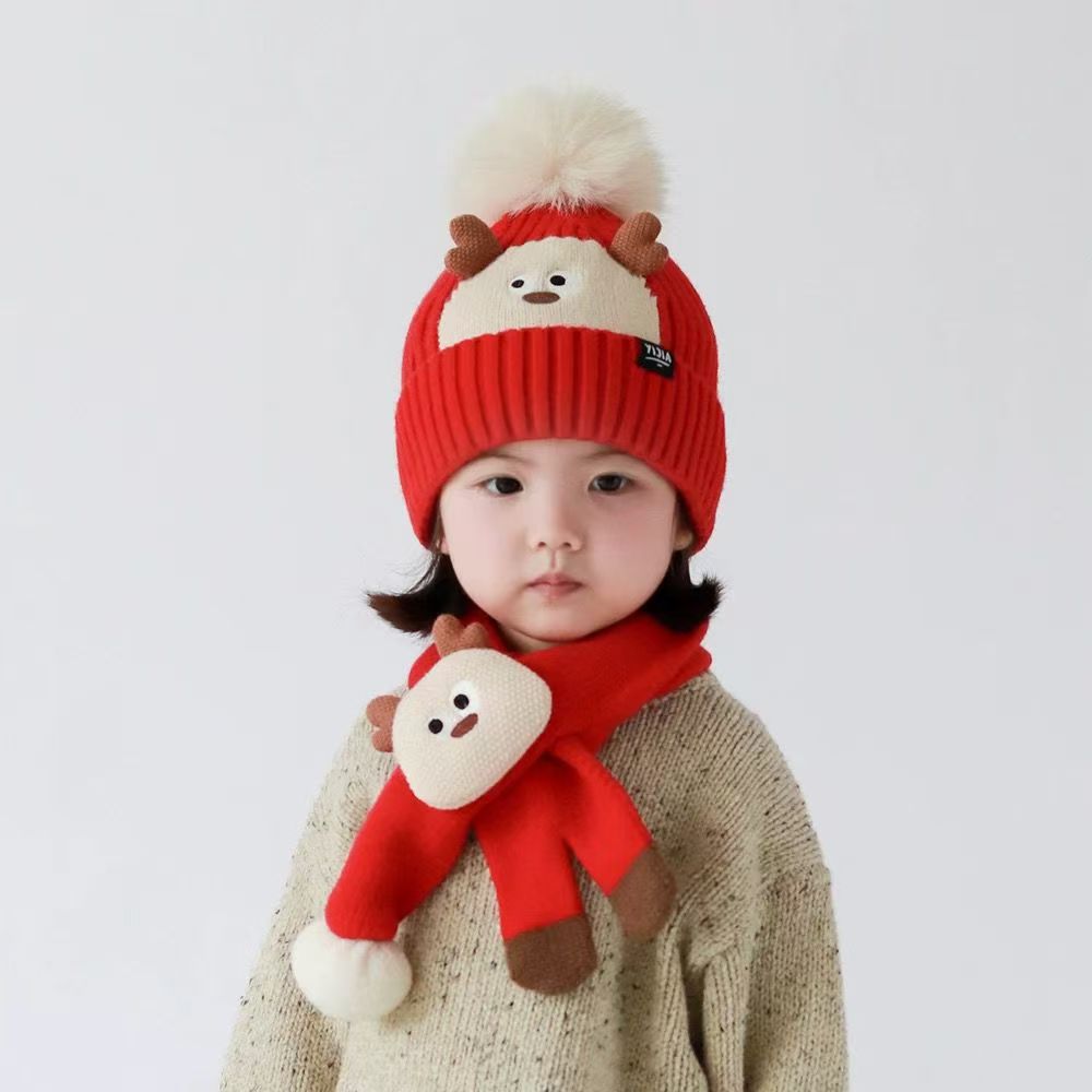 Wholesale of one-piece children's hats, scarves, cartoon autumn and winter ear-protecting knitted warm and cute woolen hats for boys, girls and babies at street stalls details Picture