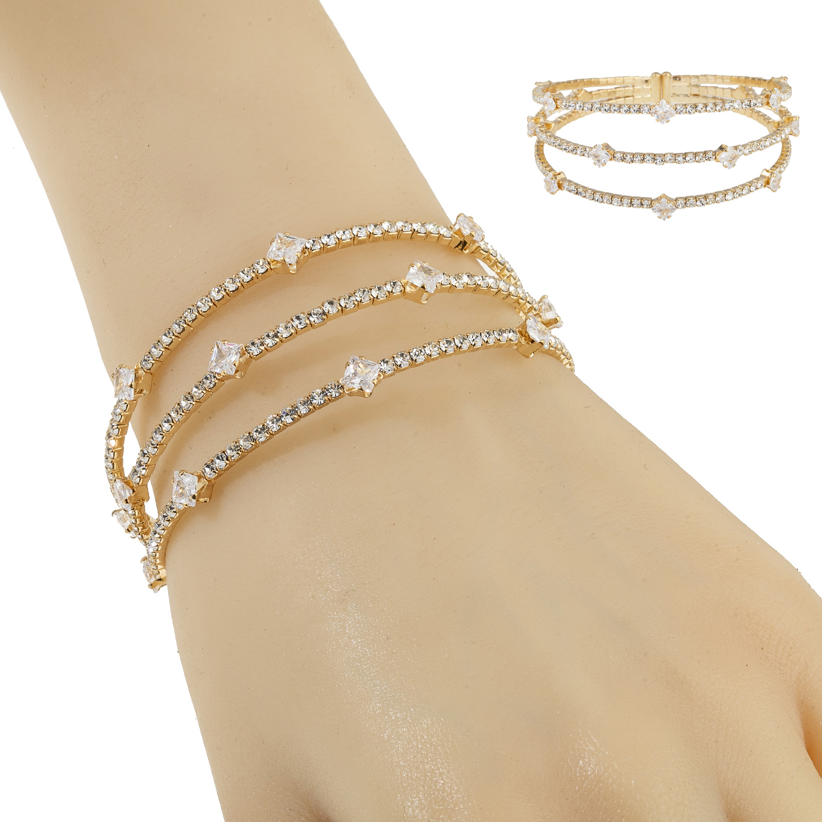 A cross-border bestseller with a design sense, 3-layer rhinestone zircon elastic bracelet, a simple and versatile daily Korean diamond-encrusted open-mouth jewelry full figure