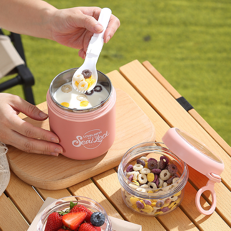 304 stainless steel breakfast cup with lid and spoon, oatmeal cup, milk cup, portable porridge for students and office workers, with lid and spoon details Picture