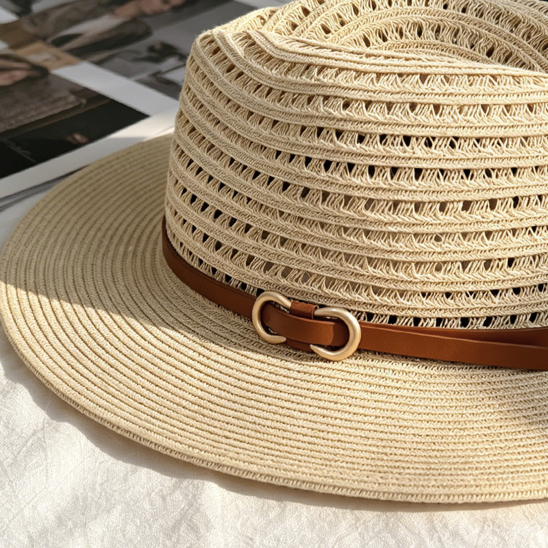 Nuevo francés retro calado tejido sombrero de paja jazz cinturón sombrero mujer verano playa playa vacaciones viento protector solar sombrero Specification image