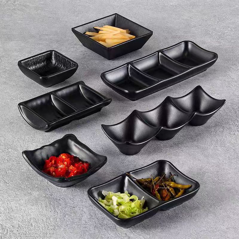Melamine tableware seasoning saucers, commercial compartments, double compartments, triple compartments, triple connection seasoning saucers, hot pot seasoning saucers, soy sauce and vinegar saucers details Picture