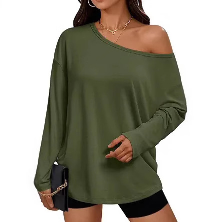 2025 New cross-border women's casual and fashionable slanted collar top knitted long-sleeved top from Europe and America Application Scenario