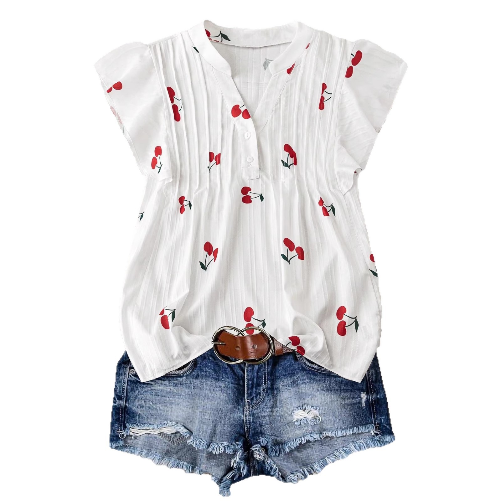 2026 European and American women's summer fruit-printed sleeveless ruffled cuffs simple, fresh and fashionable women's shirt Specification drawing