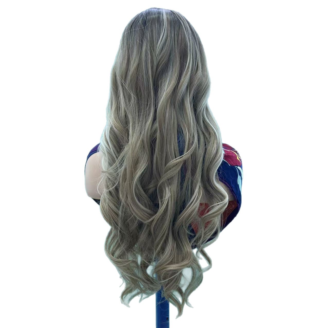 Cross-border European and American women's fashion wavy wig, women's gray-brown gradient large wavy protein silk wig Item Picture