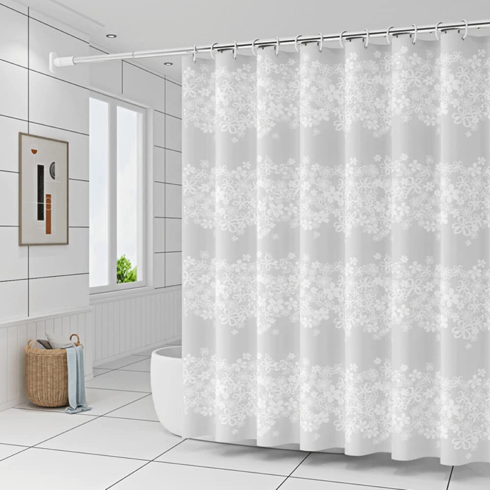 跨境现货PEV白漫花印花环保浴帘防水帘0.08mm不锈钢扣免打孔外贸