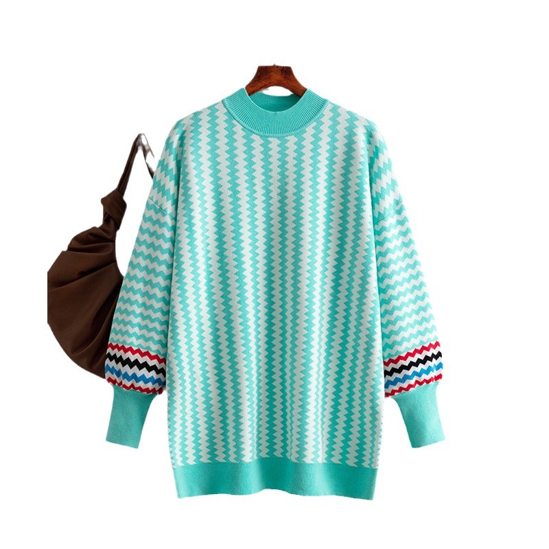European and American cross-border women's clothing 2024 Autumn/winter new mid-length round-neck striped loose knitted sweater pullover Item Picture
