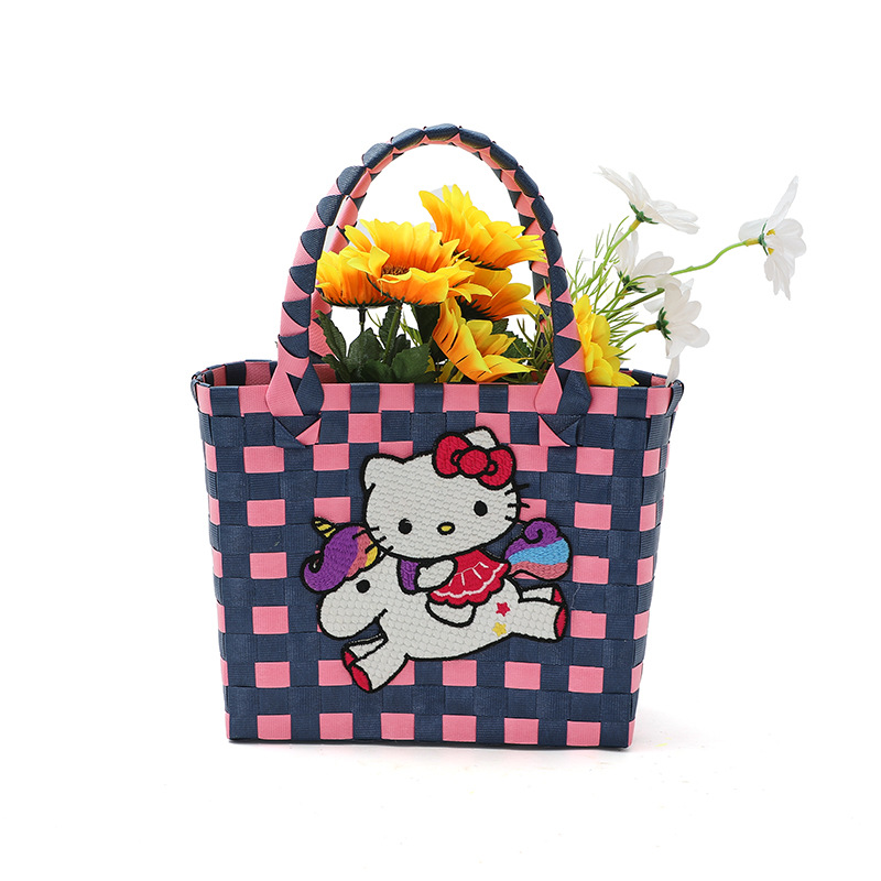 彩色编织手提菜篮子卡通刺绣出行节日婚礼必备手办礼包