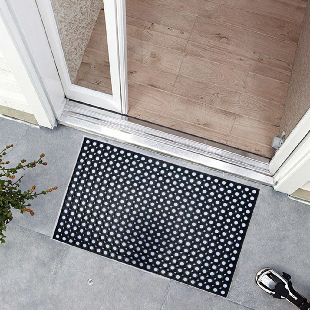 The entrance door floor mat is thickened with rubber, the mud scraper mat is hollowed-out, the floor mat is used to rub against the soil, the carpet for entering the door is thick and wear-resistant, and the grid is anti-slip Specification image